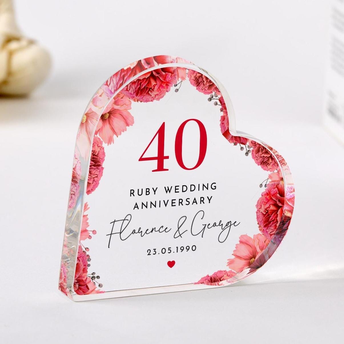 Personalised 40th Wedding Anniversary Gift Ruby Anniversary Heart - Shaped Acrylic Plaque Custom Keepsake with Names & Date Romantic Mum Dad