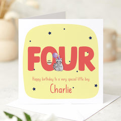 Personalised 4th Birthday Card for Boy Nephew Godson Stepson Son Grandson Name and Age Cute Design Fun Four Year Old Kids Birthday Keepsake