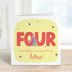 Personalised 4th Birthday Card for Boy Nephew Godson Stepson Son Grandson Name and Age Cute Design Fun Four Year Old Kids Birthday Keepsake