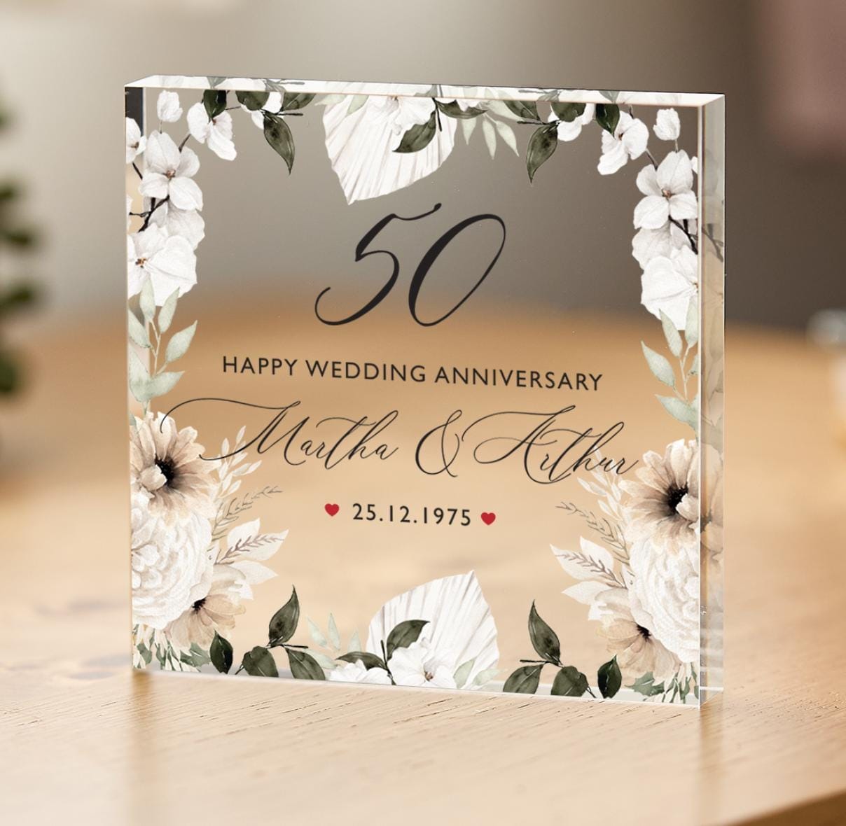 Personalised 50th Golden Wedding Anniversary Gift Acrylic Block for Grandma Grandad Mum Dad Custom Floral Keepsake with Names and Date