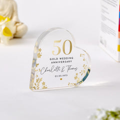 Personalised 50th Wedding Anniversary Gift Gold Anniversary Heart - Shaped Acrylic Plaque Golden Keepsake with Names Date Gift for Couples
