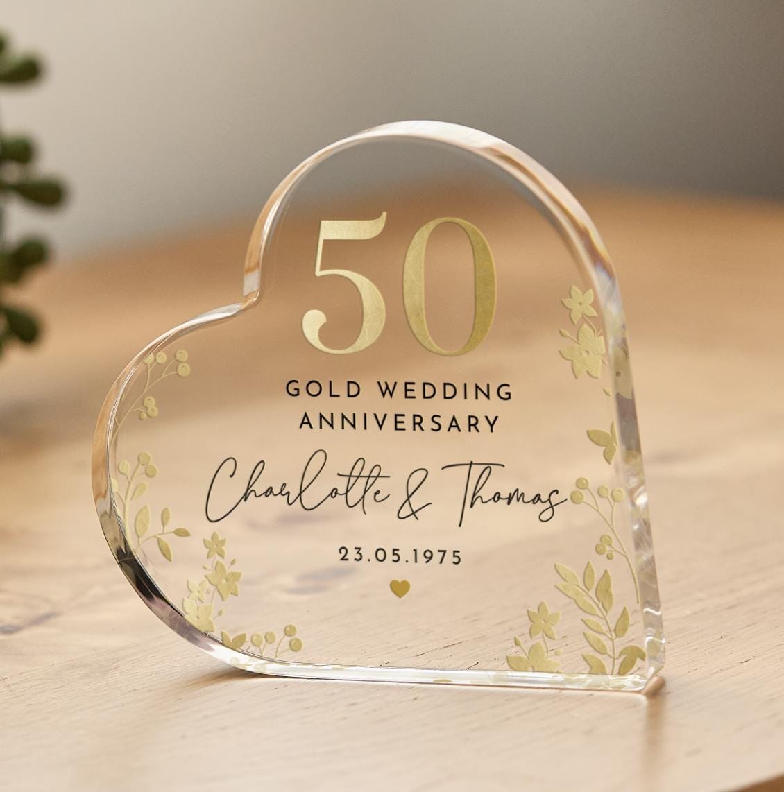Personalised 50th Wedding Anniversary Gift Gold Anniversary Heart - Shaped Acrylic Plaque Golden Keepsake with Names Date Gift for Couples