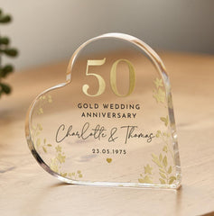 Personalised 50th Wedding Anniversary Gift Gold Anniversary Heart - Shaped Acrylic Plaque Golden Keepsake with Names Date Gift for Couples