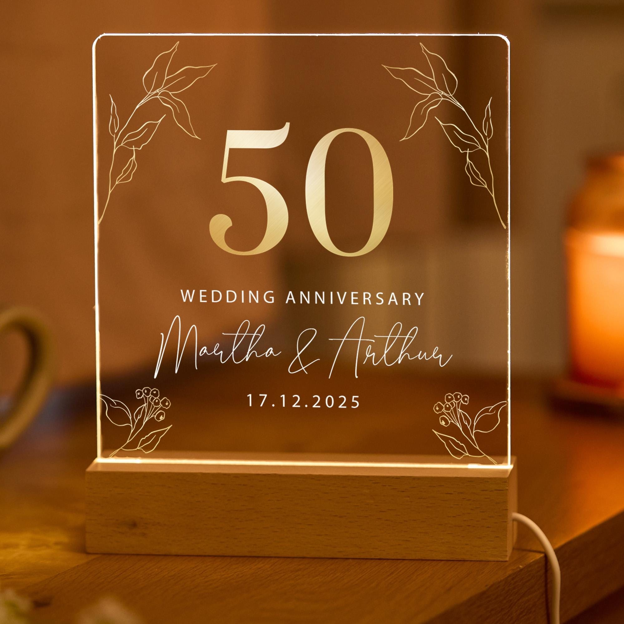 Personalised 50th Wedding Anniversary Gift LED Light Golden Wedding Keepsake Custom Names Date Present for Parents Grandparents Grandma