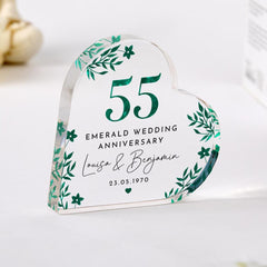 Personalised 55th Wedding Anniversary Gift Emerald Anniversary Heart - Shaped Acrylic Plaque Keepsake with Names Date Elegant Green Floral