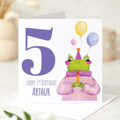 Personalised 5th Birthday Card Cheerful Frog Design Name Kids Birthday Card Fun and Playful Gift for Child Grandchild Nephew Niece I am Five