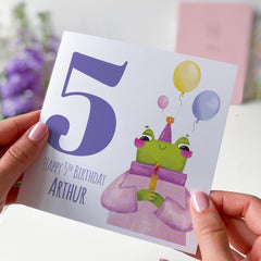 Personalised 5th Birthday Card Cheerful Frog Design Name Kids Birthday Card Fun and Playful Gift for Child Grandchild Nephew Niece I am Five