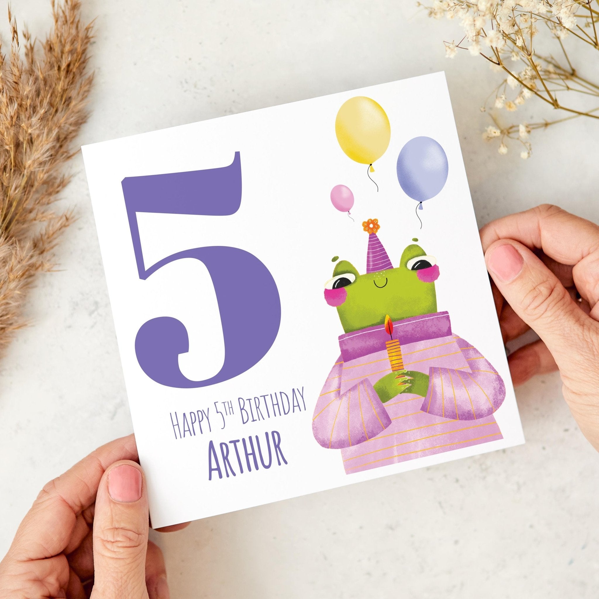 Personalised 5th Birthday Card Cheerful Frog Design Name Kids Birthday Card Fun and Playful Gift for Child Grandchild Nephew Niece I am Five