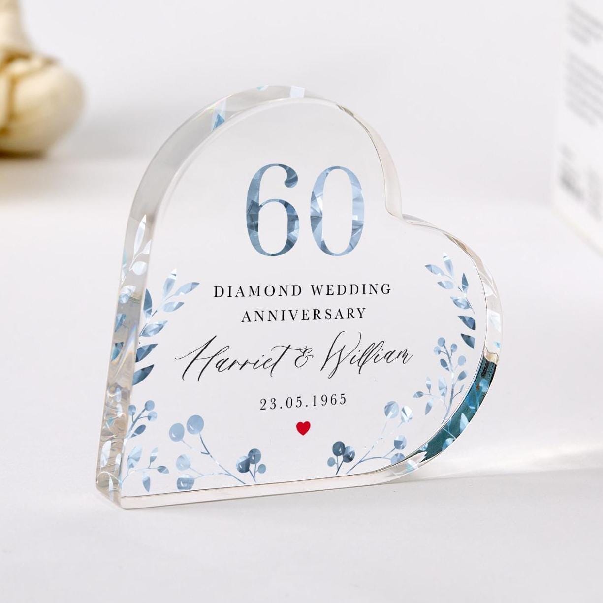 Personalised 60th Wedding Anniversary Gift Diamond Anniversary Heart - Shaped Acrylic Plaque Custom Keepsake Names & Date Elegant Blue Floral