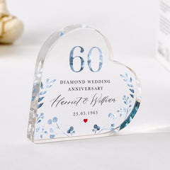 Personalised 60th Wedding Anniversary Gift Diamond Anniversary Heart - Shaped Acrylic Plaque Custom Keepsake Names & Date Elegant Blue Floral