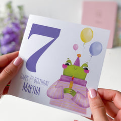 Personalised 7th Birthday Card Fun Frog Design Colourful Kids Seventh Birthday Greeting Keepsake for Children Grandchild Niece Nephew Gift