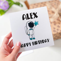 Personalised Astronaut Birthday Card for Boy Space Theme Card with Name Fun Cosmic Design for Son Brother Nephew Grandson 4th 5th 6th 7th 8