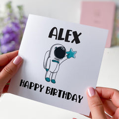 Personalised Astronaut Birthday Card for Boy Space Theme Card with Name Fun Cosmic Design for Son Brother Nephew Grandson 4th 5th 6th 7th 8