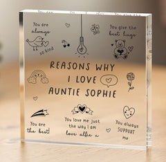 Personalised Auntie Gift Reasons Why I Love You Aunt Birthday Christmas Mother's Day Acrylic Keepsake Custom Message from Niece Nephew