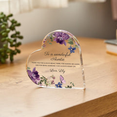 Personalised Auntie Heart Acrylic Plaque Gift, Floral Gift for Aunt, Christmas or Birthday Keepsake