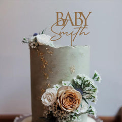Personalised Baby Shower Cake Topper, Gender Reveal Christening Decor, Wooden Gold Silver Rose Gold Black Custom Name
