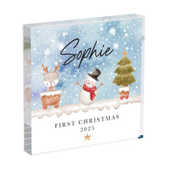 Personalised Baby’s First Christmas Acrylic Block – Cute Snowman and Reindeer Winter Keepsake Gift for Newborn Girl or Boy
