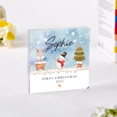 Personalised Baby’s First Christmas Acrylic Block – Cute Snowman and Reindeer Winter Keepsake Gift for Newborn Girl or Boy