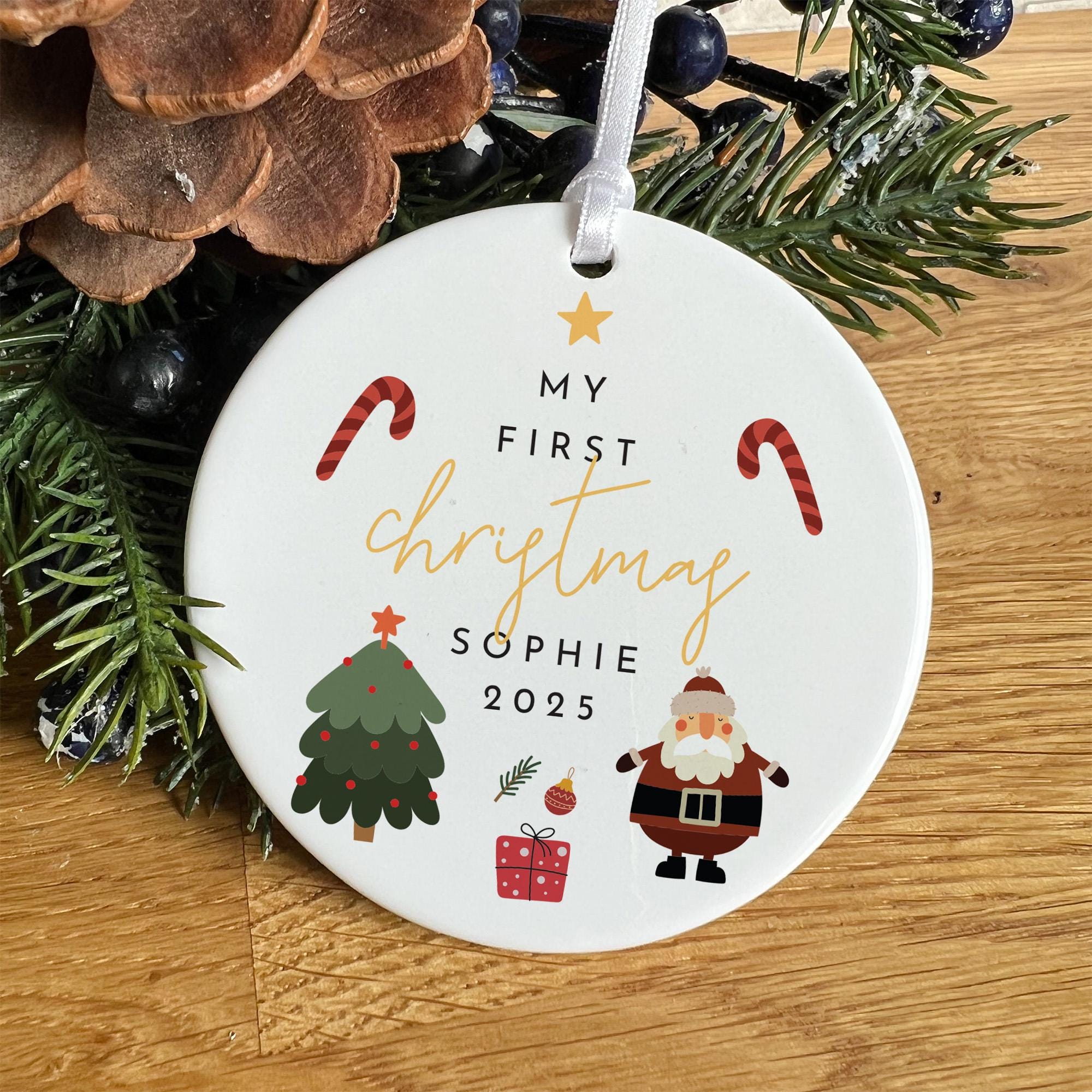 Personalised Baby’s First Christmas Ceramic Ornament Custom Name Santa and Tree Decoration Gift Keepsake for Child or Grandchild