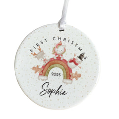 Personalised Baby’s First Christmas Ornament for Girl Boy Rainbow Unicorn Keepsake with Name 1st Xmas Bauble Cute Reindeer Snowman Design