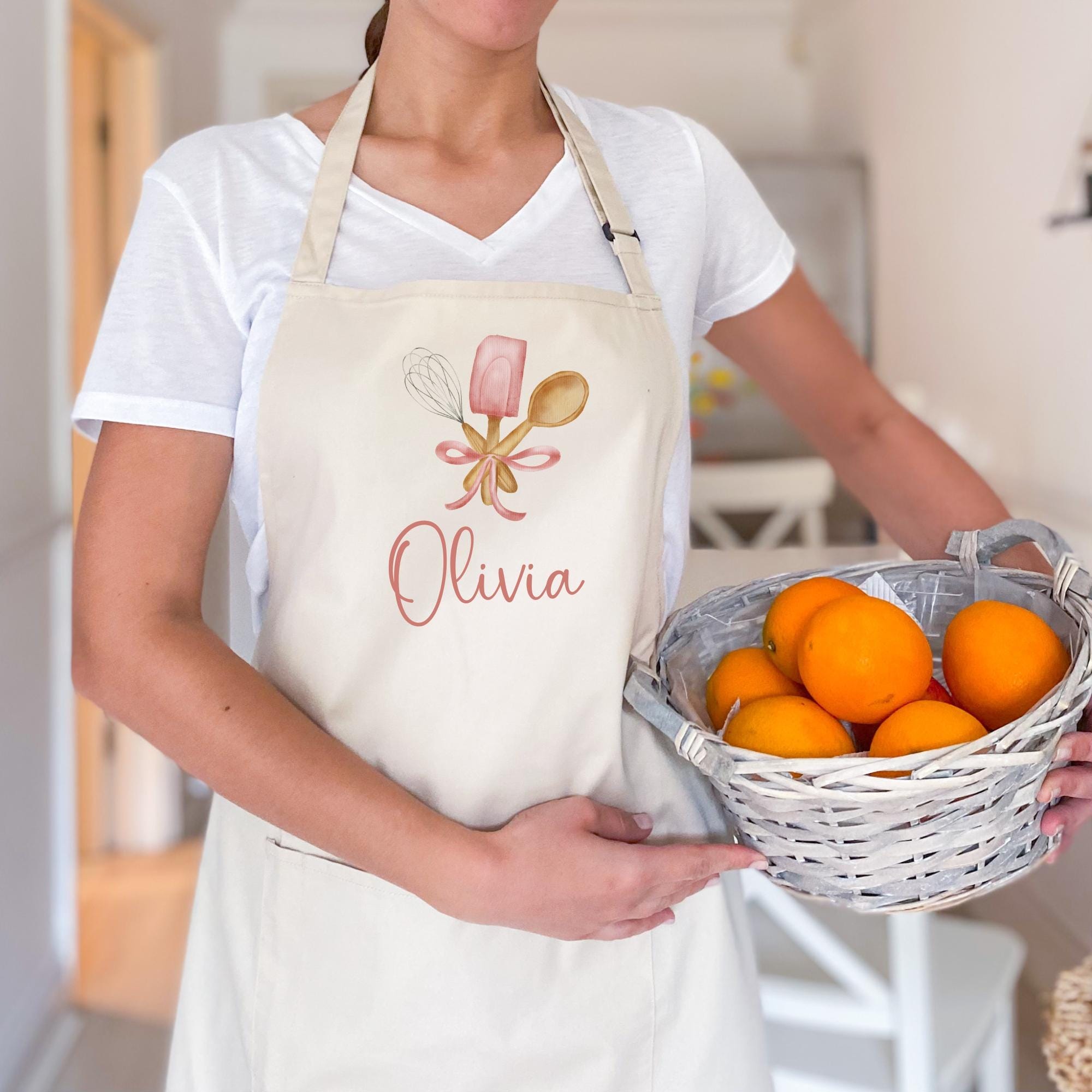 Personalised Baking Apron with Name and Cute Kitchen Utensils Design for Her Floral Kitchen Mother's Day Birthday Christmas Gift