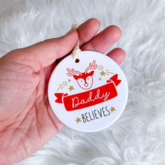 Personalised Believes Christmas Ornament Adult Kids Baby's First Tree Ornament with Name Xmas Keepsake Gift with Santa or Reindeer Design