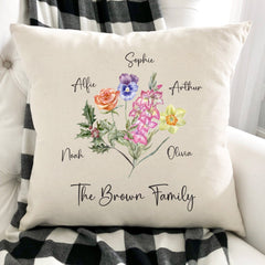 Personalised Birth Flowers Cushion With Names Family Gift For A Mum Dad