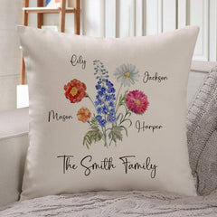Personalised Birth Flowers Cushion With Names Family Gift For A Mum Dad
