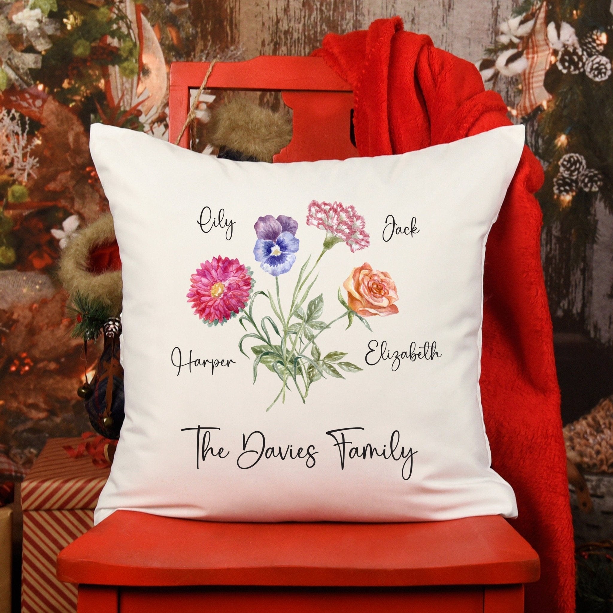 Personalised Birth Flowers Cushion Names Family Mum Dad