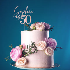 Personalised Birthday Cake Topper, Custom Name & Age, Wooden Gold Silver Rose Gold Black, 40th - 60th Celebration Decoration