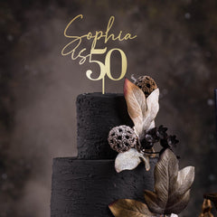 Personalised Birthday Cake Topper, Custom Name & Age, Wooden Gold Silver Rose Gold Black, 40th - 60th Celebration Decoration