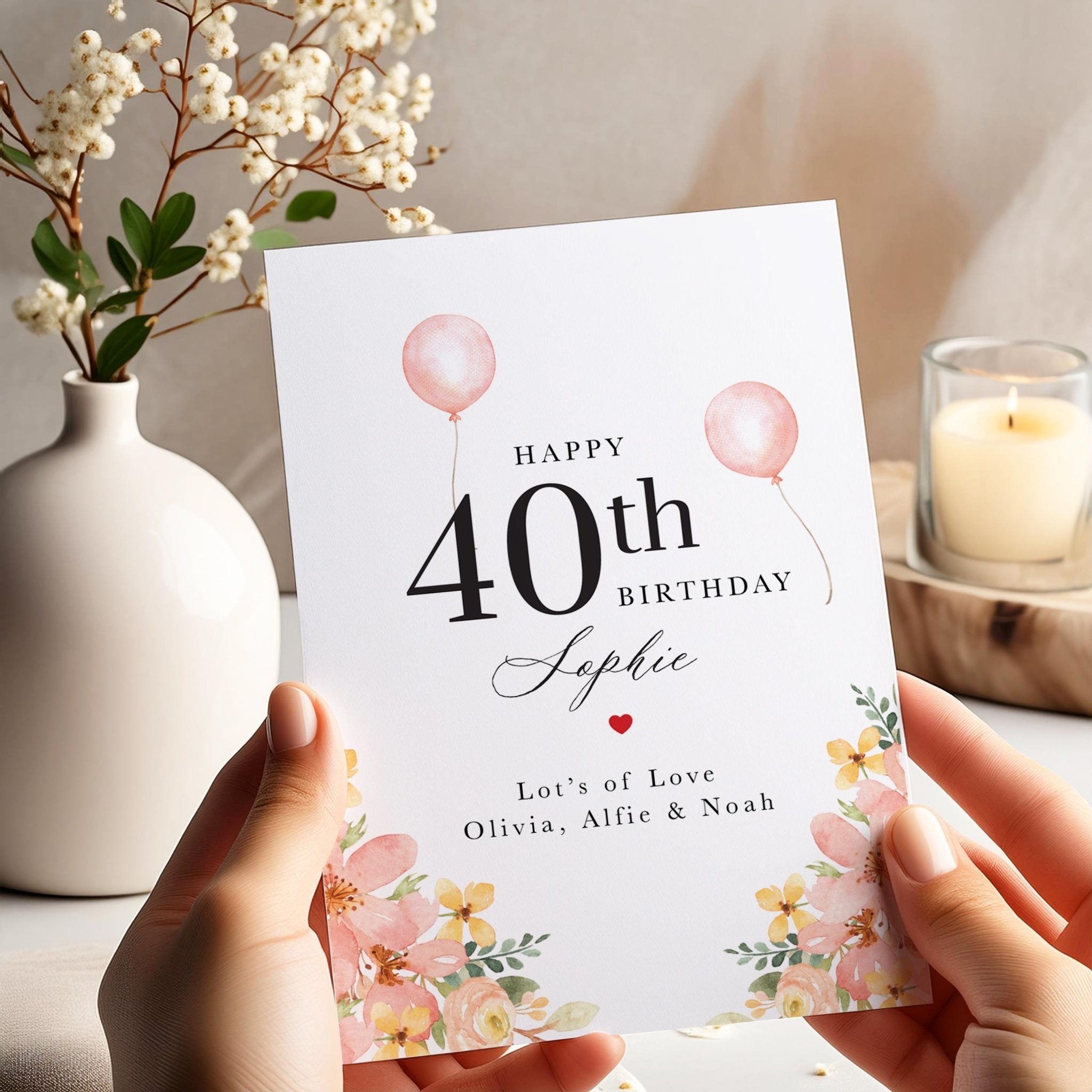 Personalised Birthday Card for Her ANY AGE and Custom Name for her Card with Pink Balloons and Floral Design for Mum Wife Sister Friend