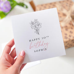 Personalised Birthday Card for Her – Custom Name and Age – Elegant Floral Design – Minimalist Birthday Keepsake for Daughter Sister Friend