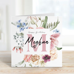 Personalised Birthday Card for Her Custom Name with Floral Initial and Elegant Botanical Design Thoughtful Gift for Mum Daughter Friend