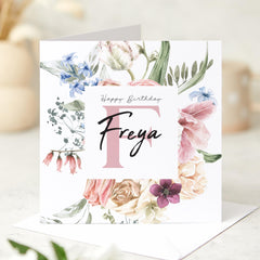 Personalised Birthday Card for Her Custom Name with Floral Initial and Elegant Botanical Design Thoughtful Gift for Mum Daughter Friend
