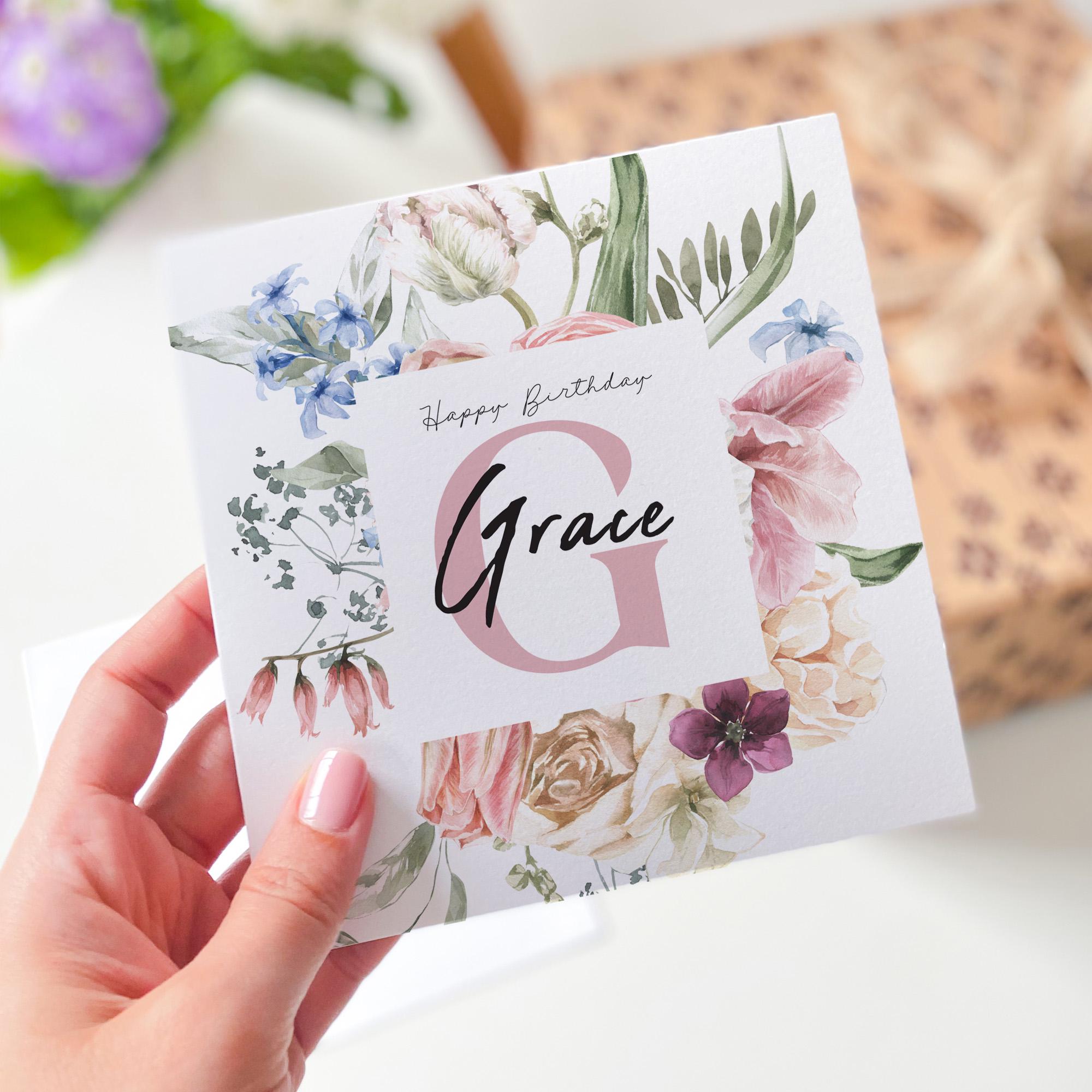 Personalised Birthday Card for Her Custom Name with Floral Initial and Elegant Botanical Design Thoughtful Gift for Mum Daughter Friend