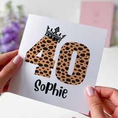 Personalised Birthday Card for Her Leopard Print Crown Design Card for Daughter Sister Friend Queen 20 30 40 50 60 70 birthday gift card