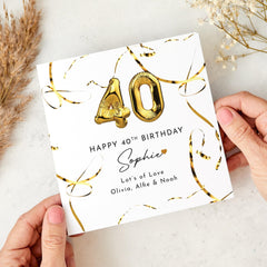 Personalised Birthday Card for Her or Him Gold Balloon Design Custom Name and Message Birthday Card for Mum Sister Friend 30th 40th 50th 60