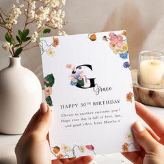 Personalised Birthday Card for Her with Name and Age Floral Initial Card for Daughter Sister Friend Mum Grandma 20th 30th 40th 50th 60th