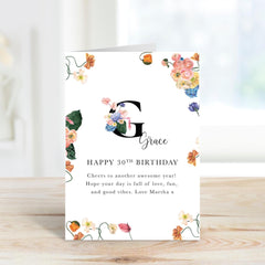 Personalised Birthday Card for Her with Name and Age Floral Initial Card for Daughter Sister Friend Mum Grandma 20th 30th 40th 50th 60th