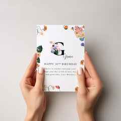 Personalised Birthday Card for Her with Name and Age Floral Initial Card for Daughter Sister Friend Mum Grandma 20th 30th 40th 50th 60th