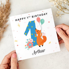 Personalised Birthday Card for Kids Custom Name and Age Cute Animal Design with Balloons for son daughter nephew niece grandchild