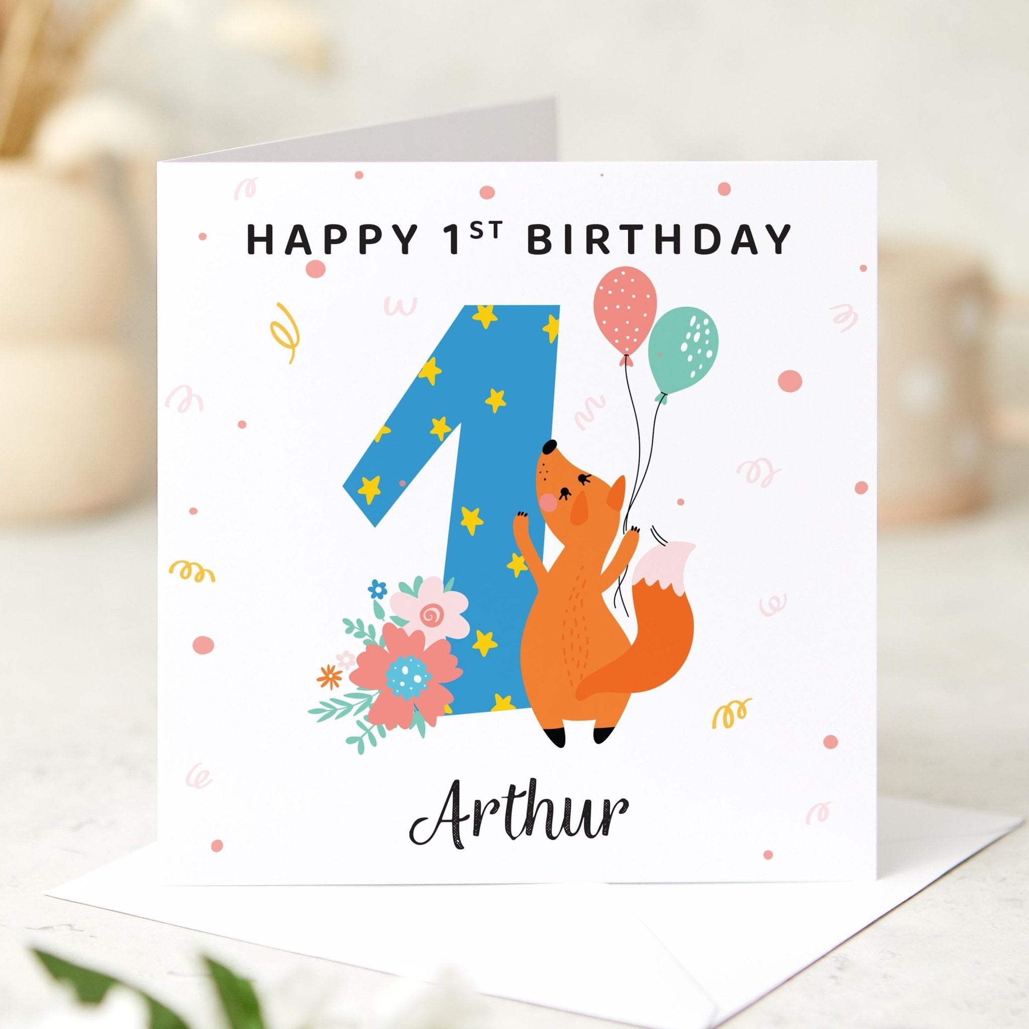 Personalised Birthday Card for Kids Custom Name and Age Cute Animal Design with Balloons for son daughter nephew niece grandchild