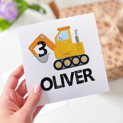 Personalised Birthday Card for Kids Name and Age Digger Excavator Construction Boy Girl Nephew Niece Son Daughter Grandson Granddaughter