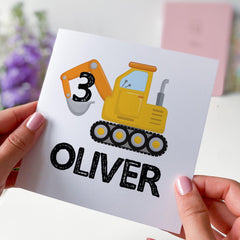 Personalised Birthday Card for Kids Name and Age Digger Excavator Construction Boy Girl Nephew Niece Son Daughter Grandson Granddaughter