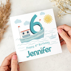 Personalised Birthday Card with Boat Theme for Boys or Girls – Custom Name and Age – Nautical Design Keepsake for Children - Marine Birthday