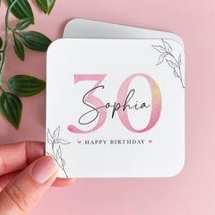 Personalised Birthday Coaster With Name & Age Gift for Her Elegant Pink Keepsake for 30th 40th 50th 60th 70th Birthday