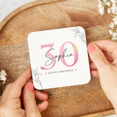 Personalised Birthday Coaster With Name & Age Gift for Her Elegant Pink Keepsake for 30th 40th 50th 60th 70th Birthday