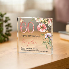Personalised Birthday Gift for Her ALL AGES Acrylic Plaque Gift with Floral Design Keepsake Elegant Milestone Display 30th 40th 50th 60th 70