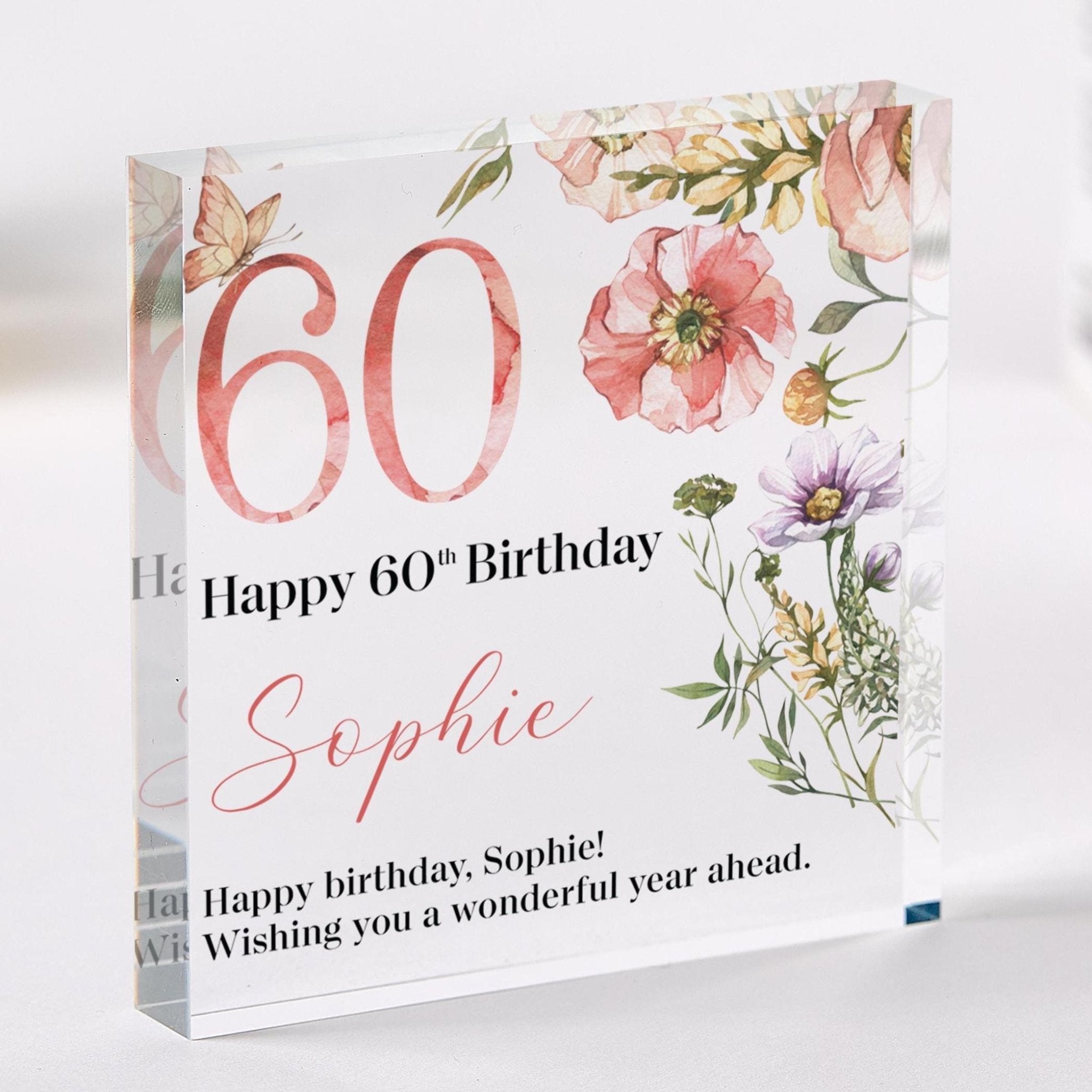 Personalised Birthday Gift for Her ALL AGES Acrylic Plaque Gift with Floral Design Keepsake Elegant Milestone Display 30th 40th 50th 60th 70